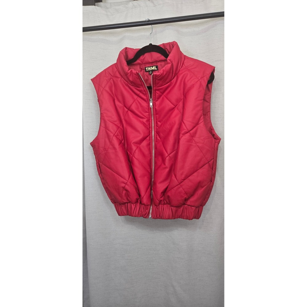 THML Womens Red Quilted Faux Leather Puffer Vest Full Zip Elastic Hem Size M